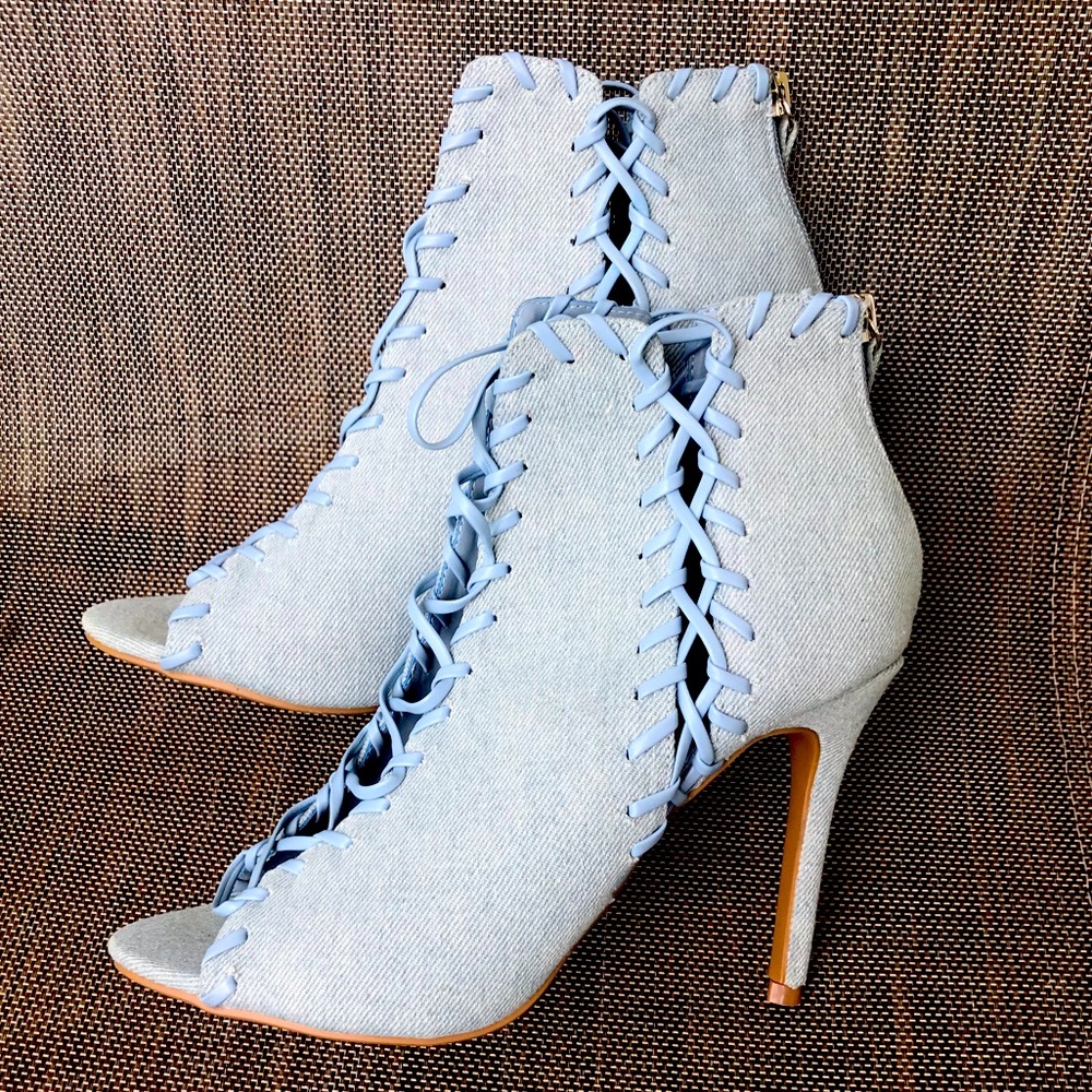 Sky Blue Denim Lace Up Booties - Size 8.
